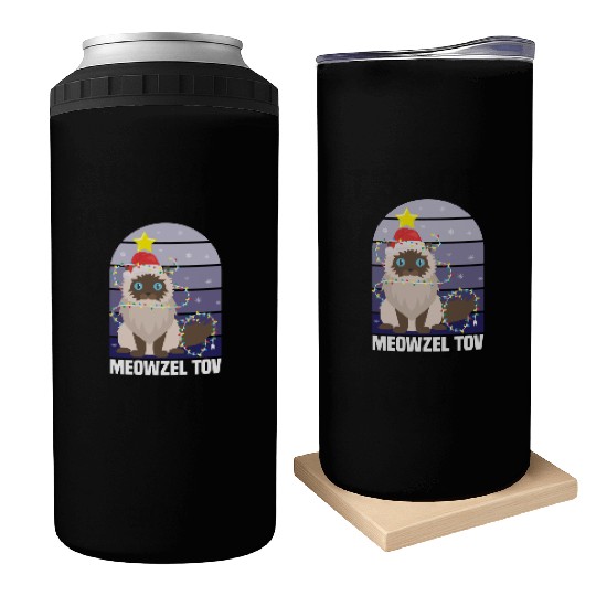 Meowzel Tov Hanukkah Black Cat Christmas Lights Can Coolers