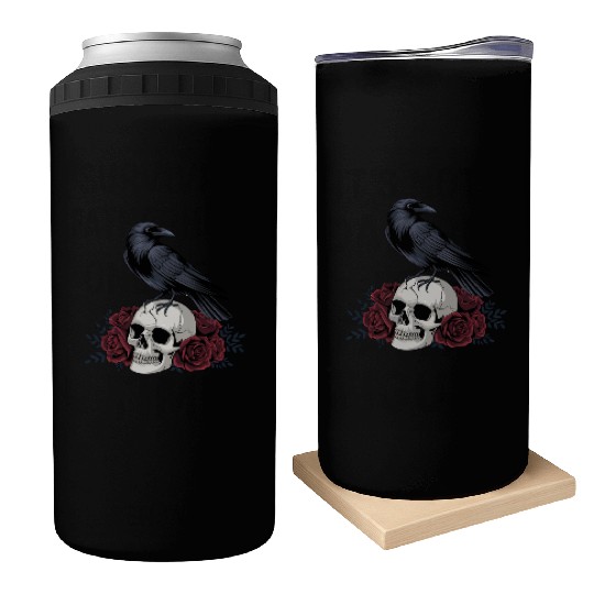 crow at skull with red roses halloween theme Can Coolers