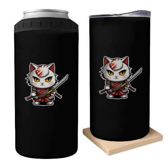 ninja cat with a katana 2 Can Coolers