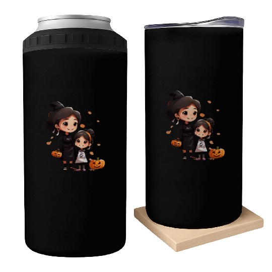 Mother and Daughter Halloween Trick-or-Treat Fun Can Coolers
