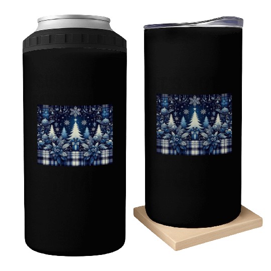 blue and white flannel christmas trees holiday Can Coolers