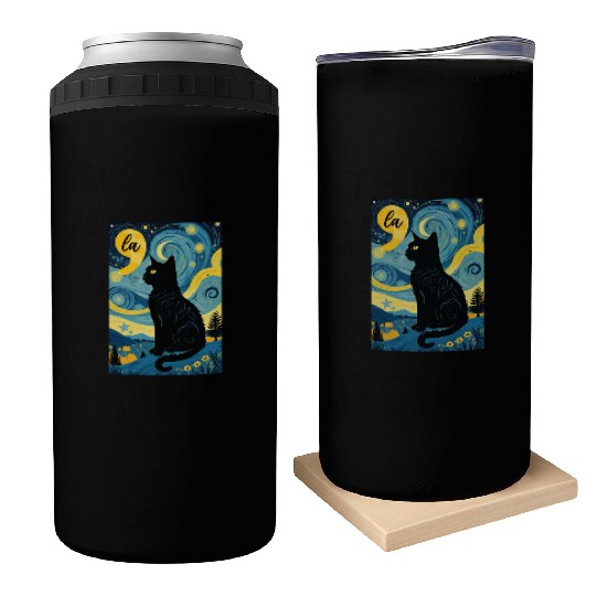 Halloween Starry Night Black Cat Comma La Harris Can Coolers