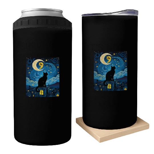 Halloween Starry Night Black Cat Comma La Harris Can Coolers