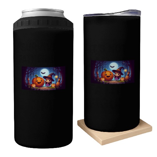 Halloween Witch and Jack-o'-Lantern Scene Can Coolers