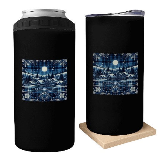 flannel silent night blue and white christmas Can Coolers