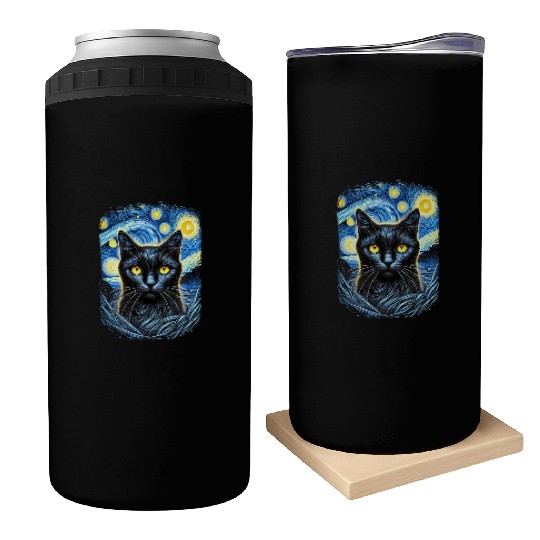 Funny Starry Night Black Cat Van Gogh Art Cat Can Coolers