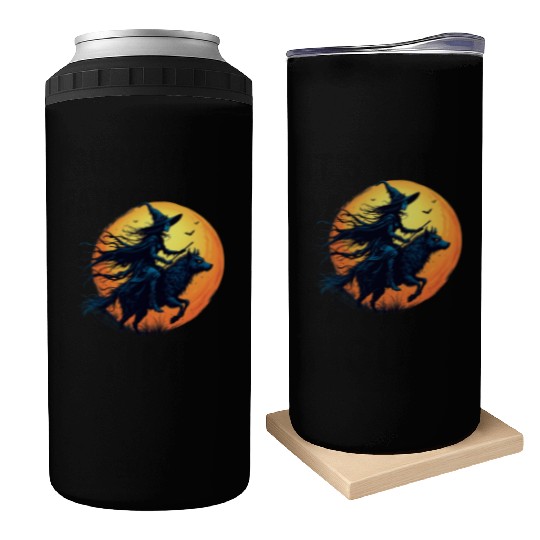 Halloween Witch Riding a Wolf Under Full Moon Can Coolers