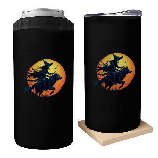 Halloween Witch Riding a Wolf Under Full Moon Can Coolers
