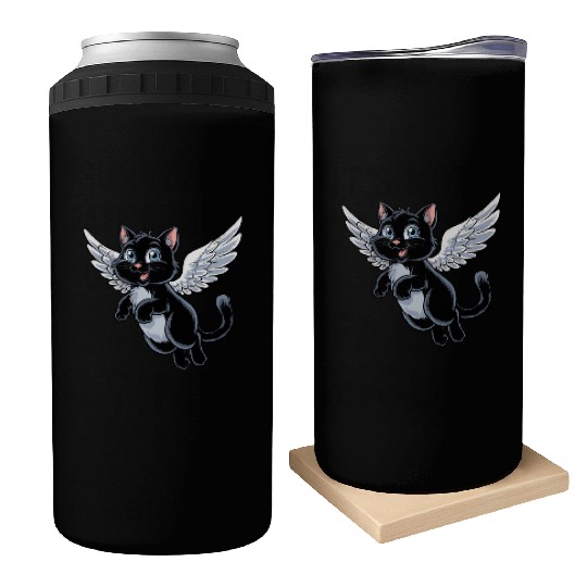 Black Cat with Angel Wings Can Coolers