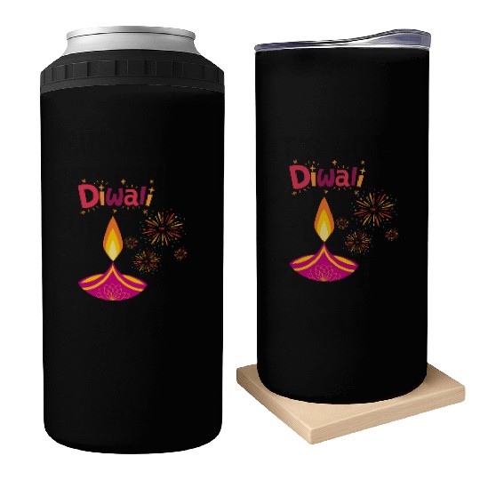 Diwali Design with Lamp & Festive Fireworks Can Coolers