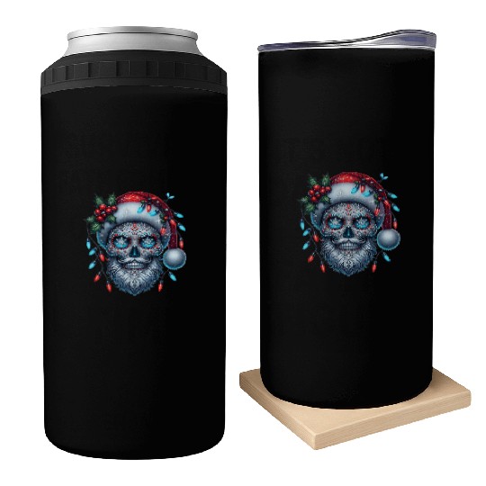 Festive Sugar Skull Santa Christmas Vibes Can Coolers