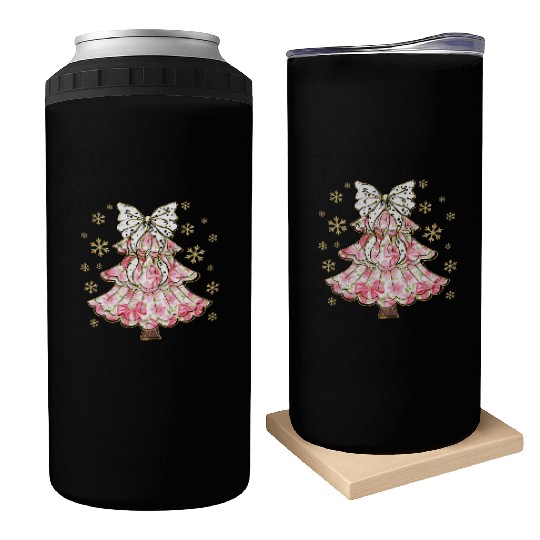 Preppy Pink Coquette Bow Xmas Tree Can Coolers