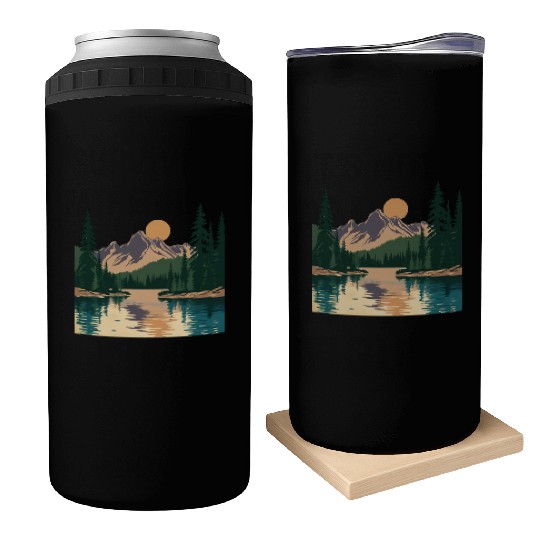 "Mountain Sunrise Serenity: A Scenic Outdoor Can Coolers