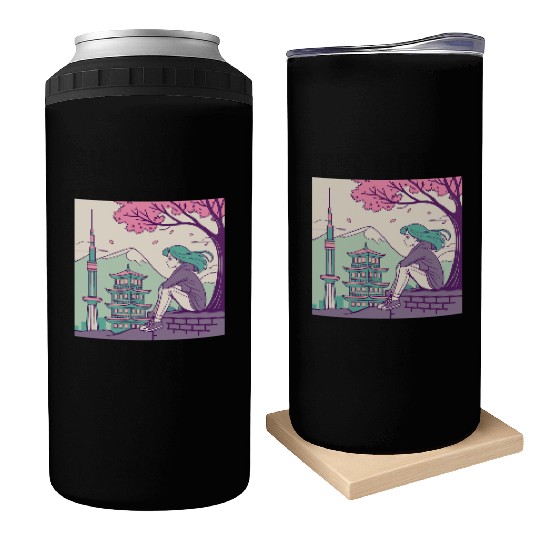 "Peaceful Anime Vibes: Girl Relaxing with Sakura Can Coolers