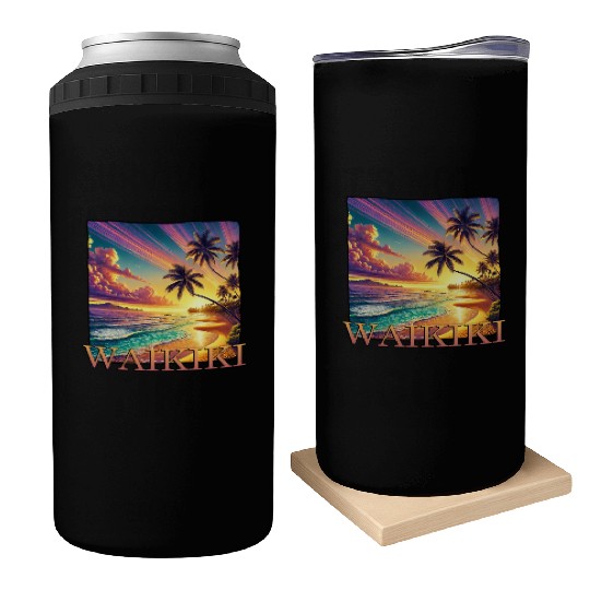 Waikiki Beach Sunset Palm Trees Sea Can Coolers