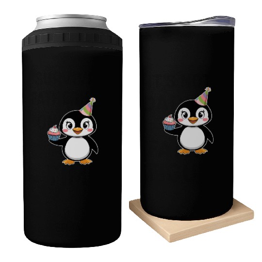 Birthday Joyful Penguin With Cupcake Can Coolers