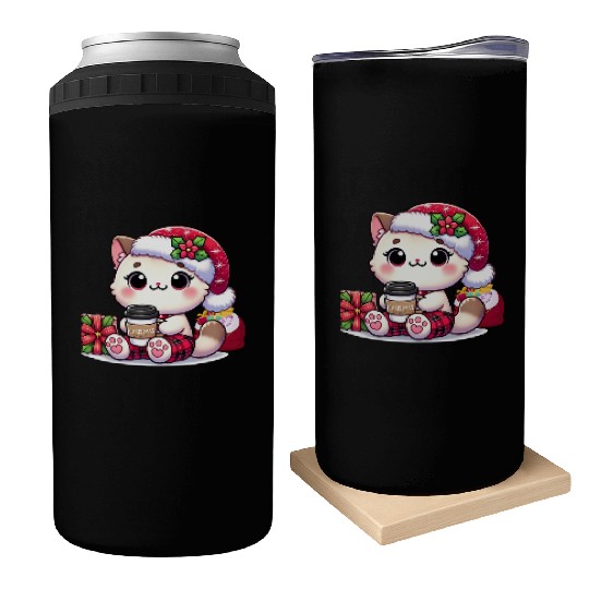 A Cute Kawaii Cat Drinking Coffee Can Coolers