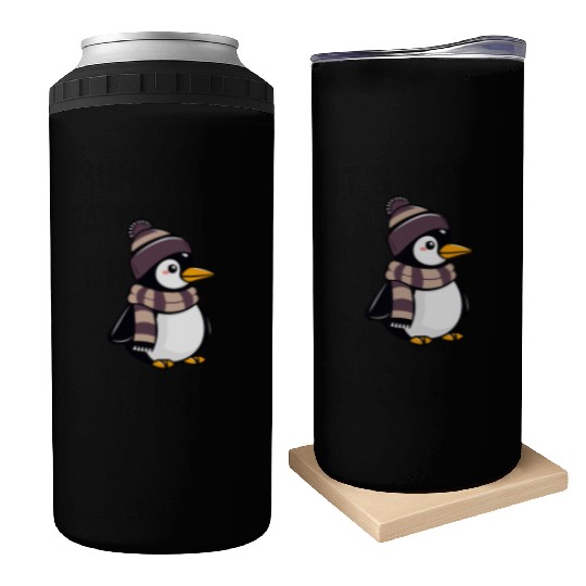 Cute cartoon penguin wearing winter hat and scarf Can Coolers