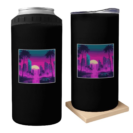 Neon Paradise Vaporwave Sunset Vibes Can Coolers