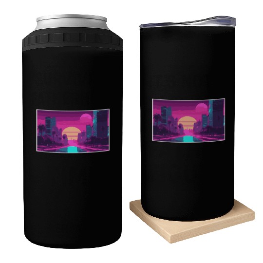 Neon Paradise Vaporwave Sunset Vibes Can Coolers
