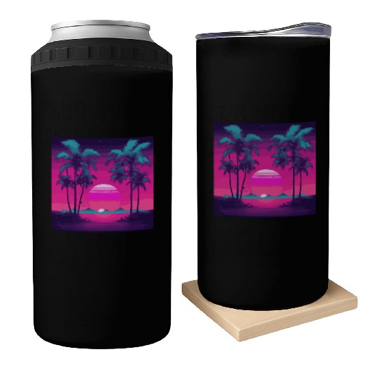 Neon Paradise Vaporwave Sunset Vibes Can Coolers