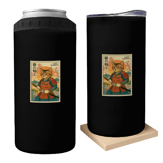 Samurai Cat in Traditional Armor Art Can Coolers