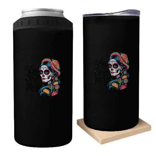 Cinco de Mayo Sugar Skull Girl Sombrero & Flowers Can Coolers