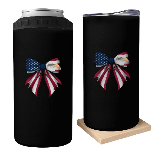 Coquette Bow Bald Eagle Bird US Flag Patriotic Can Coolers