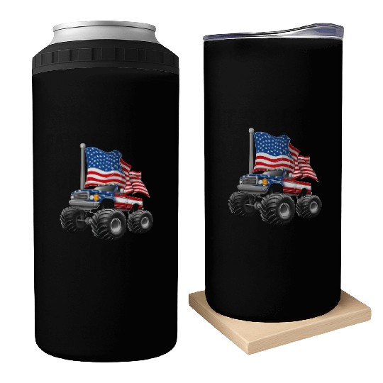 Monster Truck American Flag 4th Of July Can Coolers