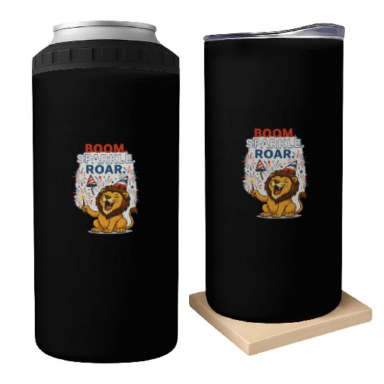 Boom Sparkle Roar – Cute Patriotic Lion with Firew Can Coolers