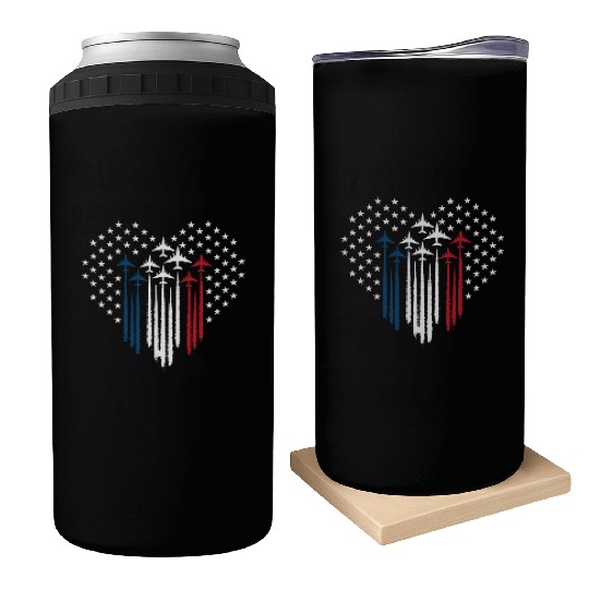 Fighter Jet Airplane USA Flag Heart Can Coolers