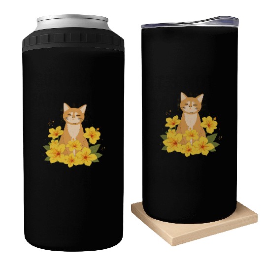 Orange Cat Surrounded by Yellow Hibiscus Flowers Can Coolers
