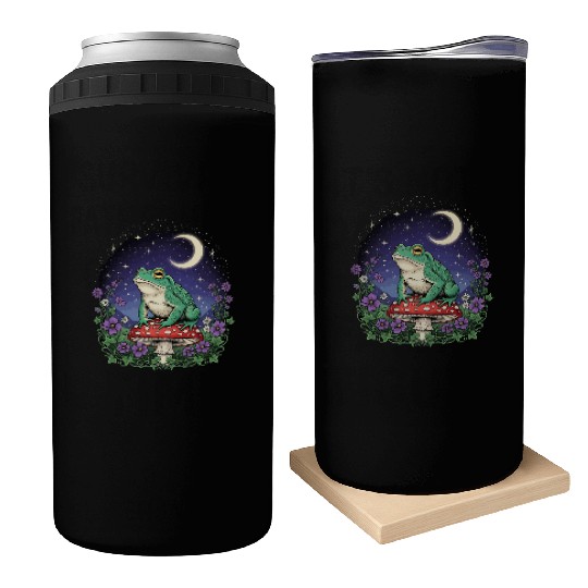 Green Frog on Red Mushroom - Starry Night Can Coolers