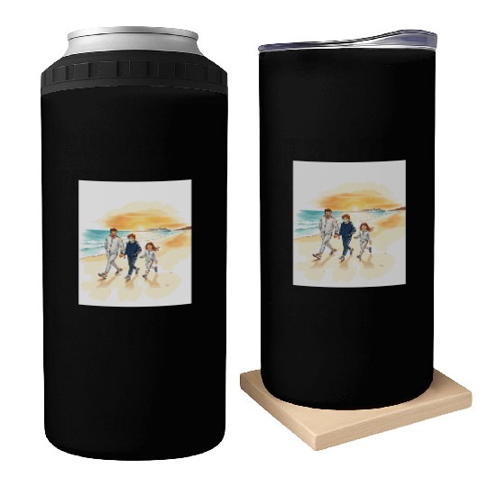 family walking along the beach. Can Coolers