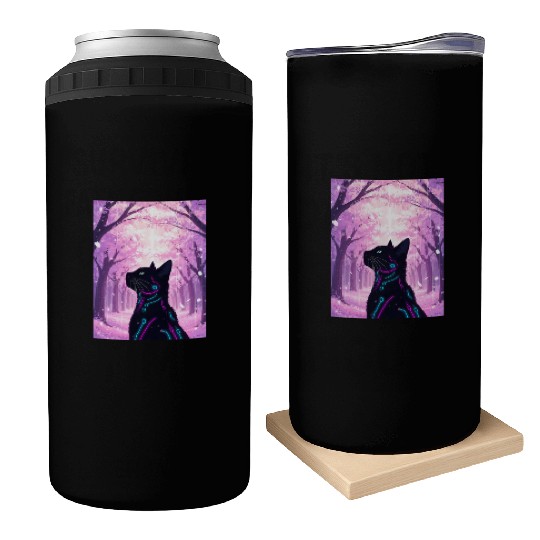 Midnight Cyber Cat | Pink Cherry Blossom Forest Can Coolers