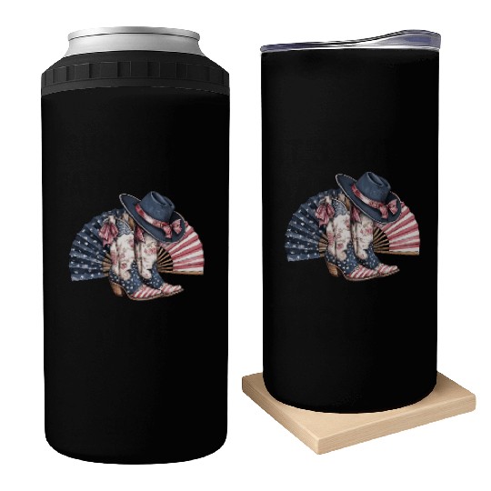 Retro American Flag Cowgirl Boots with Clackin fan Can Coolers