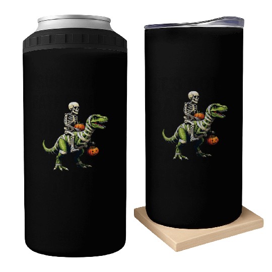 Skeleton Riding Mummy Dinosaur Funny Halloween Can Coolers