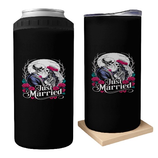 Gothic Just Married Skeletons Bride and Groom Can Coolers