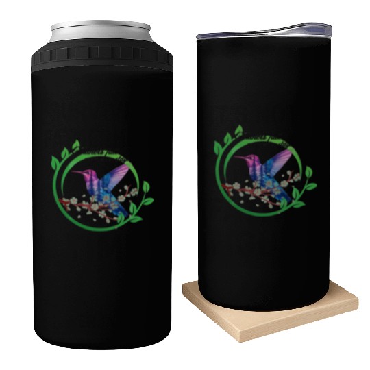 Vibrant Hummingbird and Blossoms Design Can Coolers