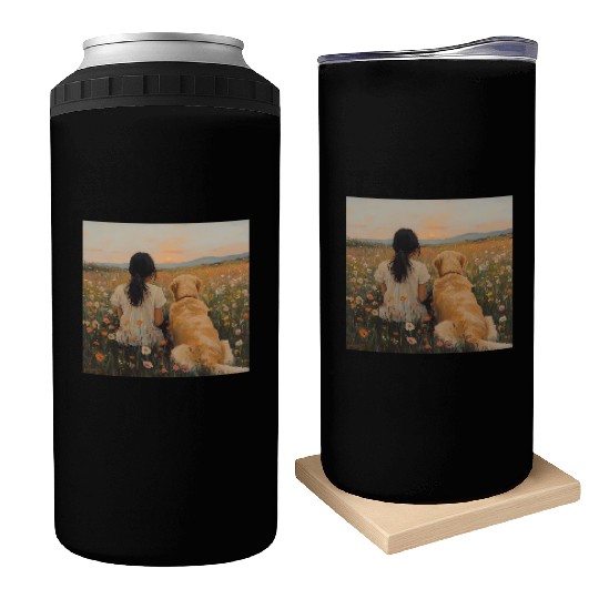 Serene Sunset with Girl and Dog Artwork Can Coolers