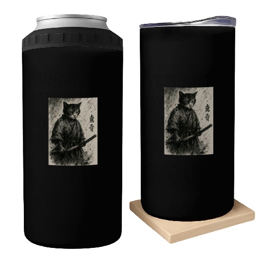 Samurai Cat Warrior Vintage Japanese Art Design Can Coolers