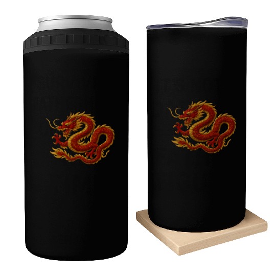 Elegant Red and Gold Dragon Design Can Coolers