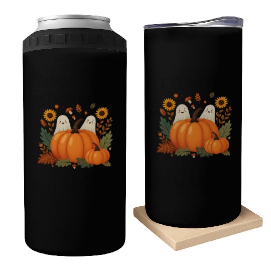 Cute Halloween Ghosts with Pumpkins and Autumn Can Coolers