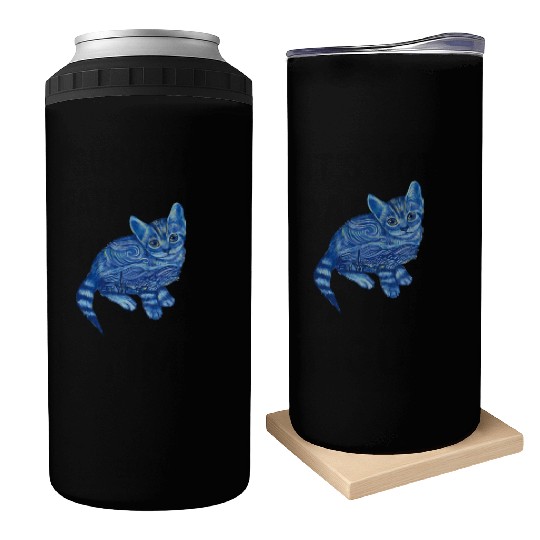 Blue Van Gogh Starry Night Bengal Cat Illustration Can Coolers
