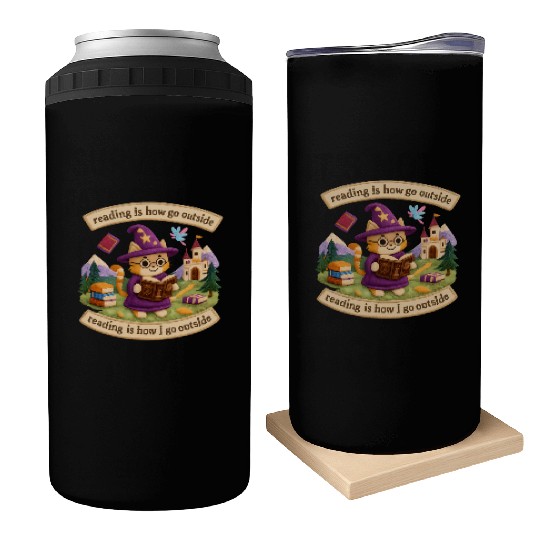 Whimsical Cat Wizard Reading Can Coolers
