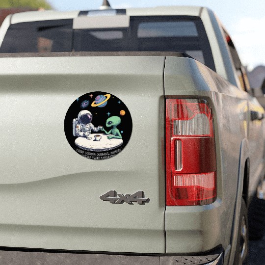 An astronaut, an alien and a cup of coffee Car Magnets
