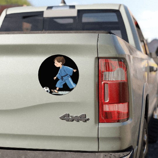 Boy in kimono playing soccer Car Magnets