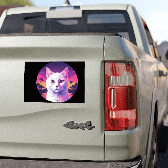 Synthwave White Cat 2 Car Magnets