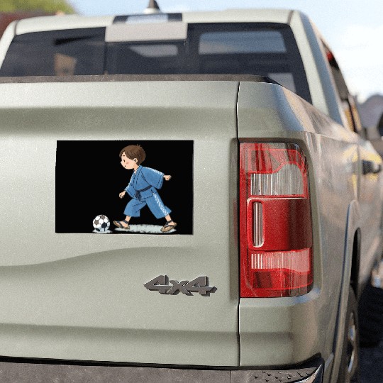 Boy in kimono playing soccer Car Magnets