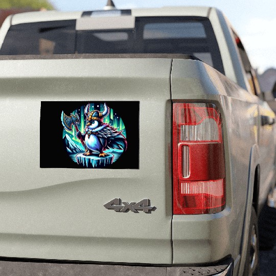 Viking Penguin with Axe Under Northern Lights Car Magnets